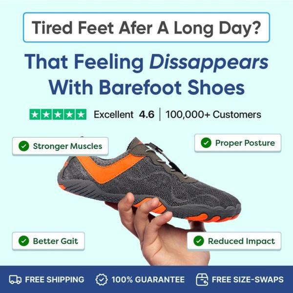 barefoot shoes, minimalist shoes, natural footwear, zero drop shoes, foot health shoes, social proof, product launch, minimalist, trustworthy, fresh, blue, orange